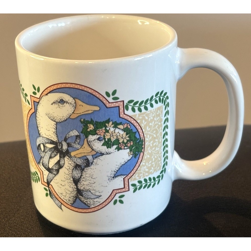 Vtg Country Goose Coffee Mug Cottage Core Double Sided Cup 90's Blue Ribbon Bow
